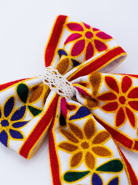 Navratra Huge Bow floral threadwork & cowries Alligator Clip- Multicolor
