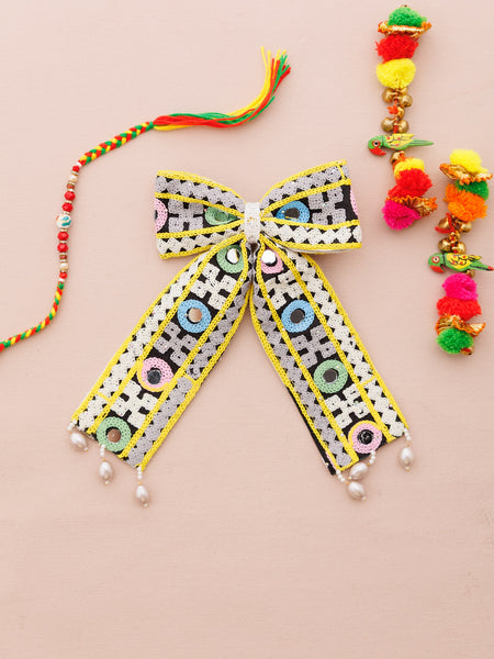 Navratra Huge Bow mirror work & pearls Alligator Clip- Multicolor