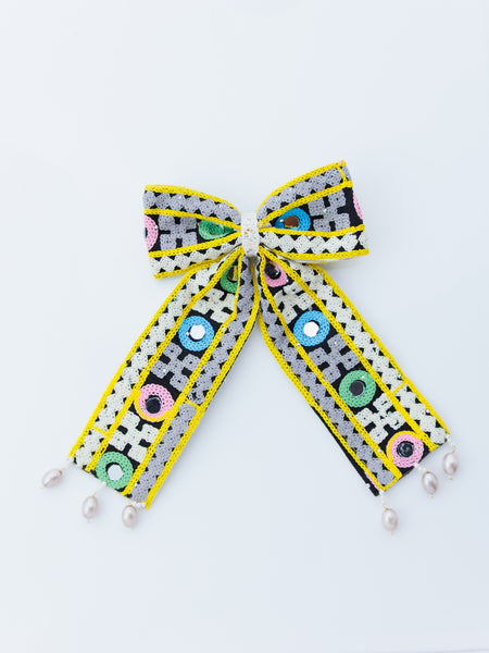 Navratra Huge Bow mirror work & pearls Alligator Clip- Multicolor
