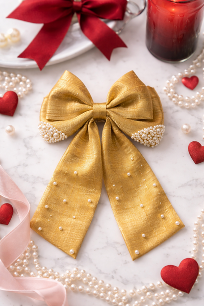 Valentine Pearl Embellished Sailor Bow Alligator Clip- Golden