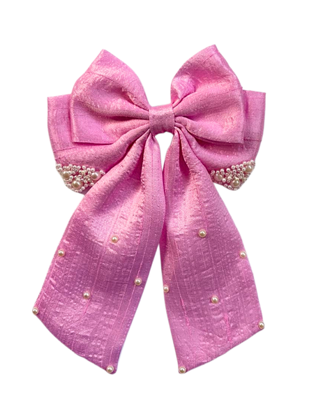 Valentine Pearl Embellished Sailor Bow Alligator Clip- Pink