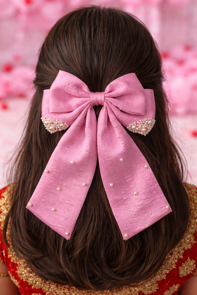 Valentine Pearl Embellished Sailor Bow Alligator Clip- Pink