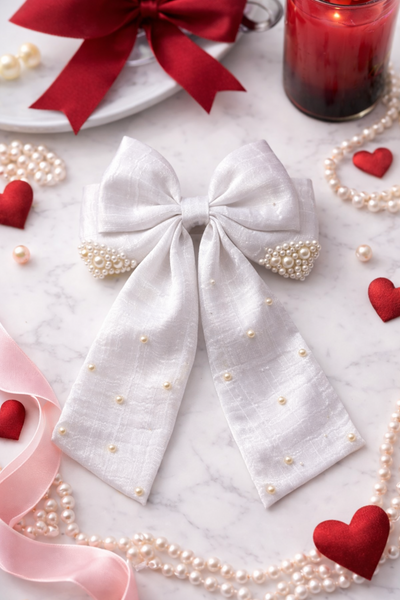 Valentine Pearl Embellished Sailor Bow Alligator Clip- White