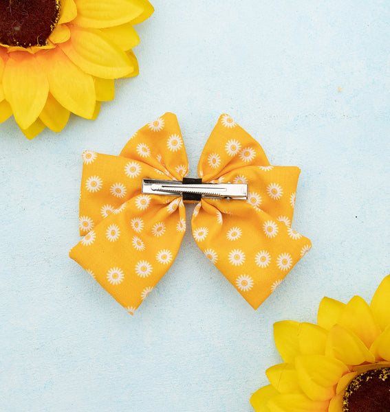 Daisy Printed Multi-layered Bow Alligator Hair Clip- Yellow
