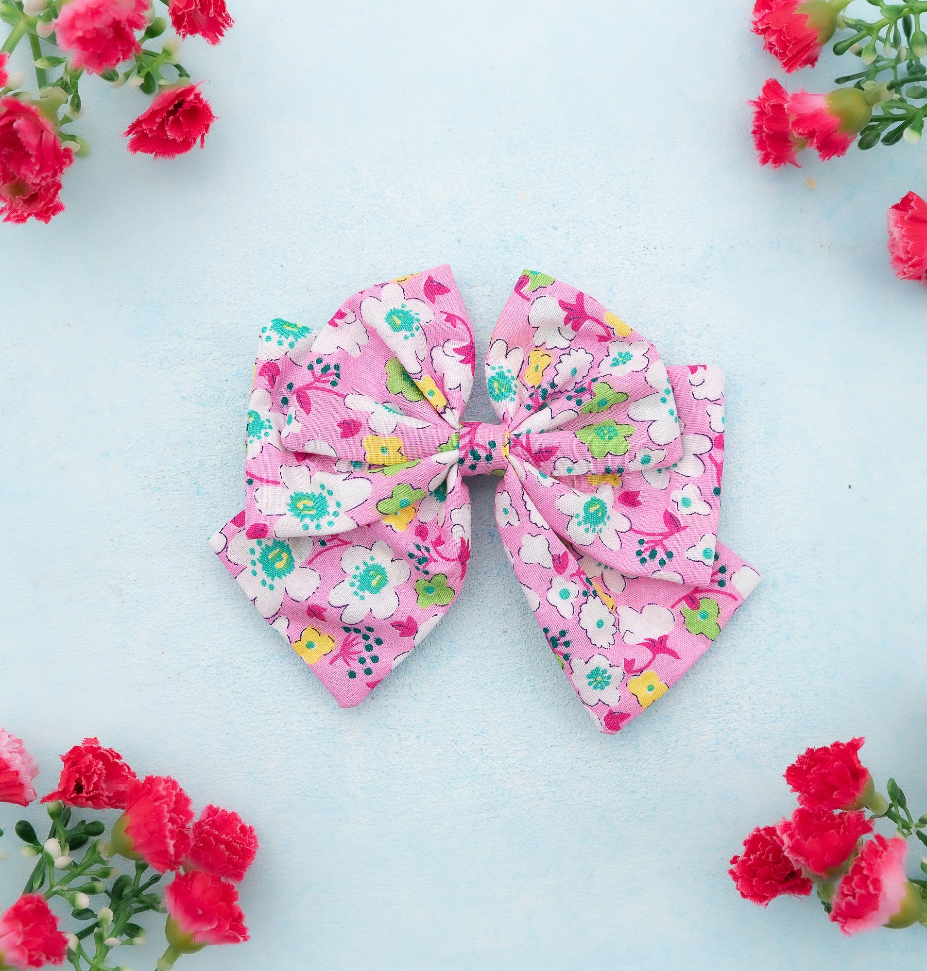 Floral Printed Multi-layered Bow Alligator Hair Clip- Pink