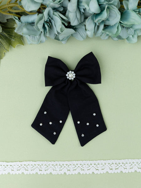 Pearl Embellished Sailor Bow Alligator Hair Clip - Black