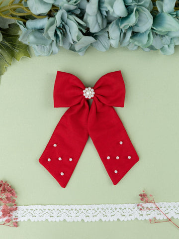 Pearl Embellished Sailor Bow Alligator Hair Clip - Red