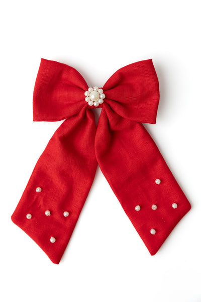 Pearl Embellished Sailor Bow Alligator Hair Clip - Red