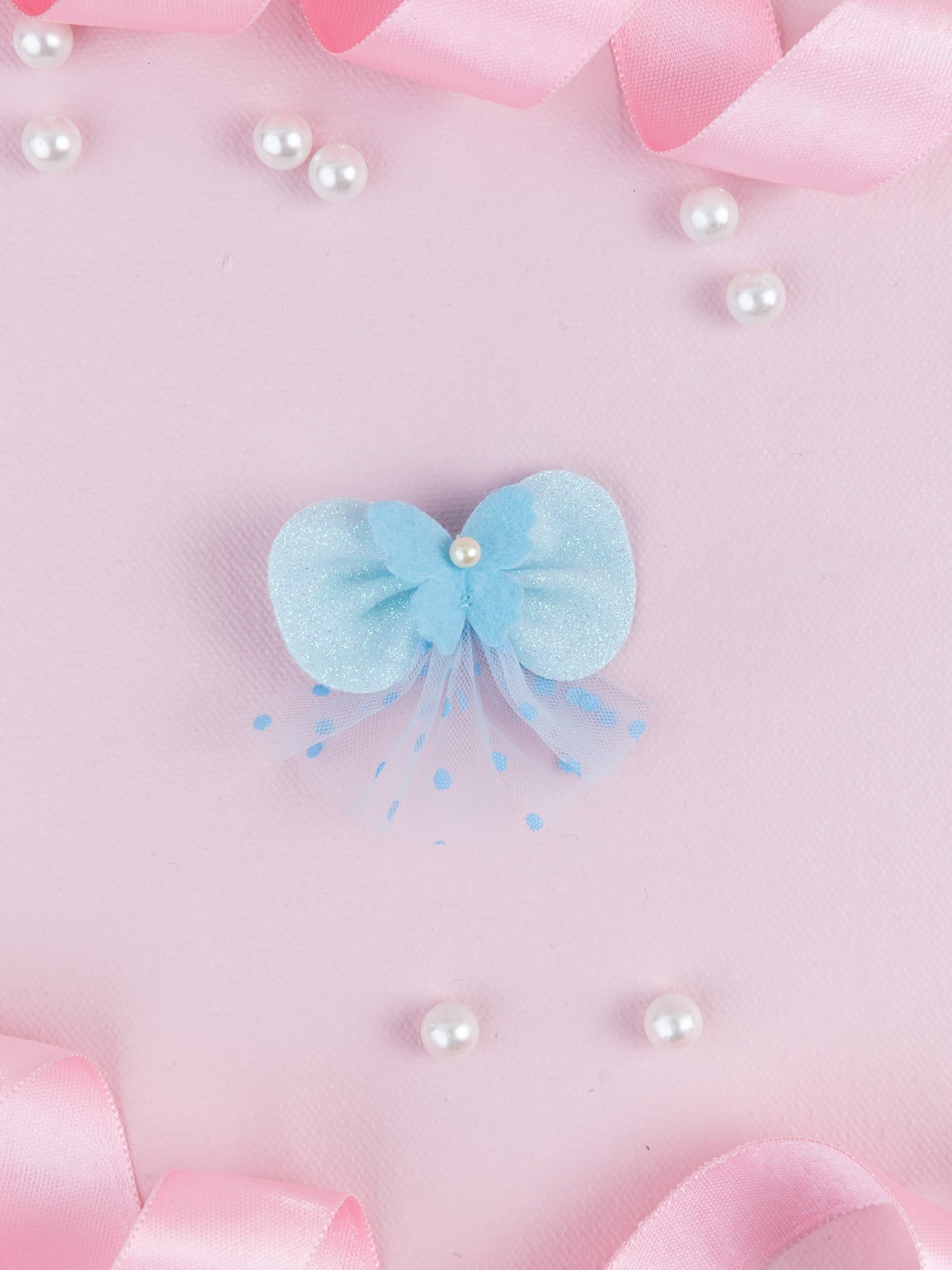 Knotted Butterfly Embellished Kids Tulle Alligator Hair Clip- Light Blue