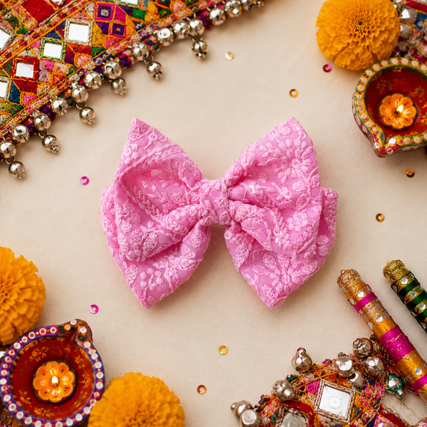 Garden Lace Bow Alligator Clip- Pink