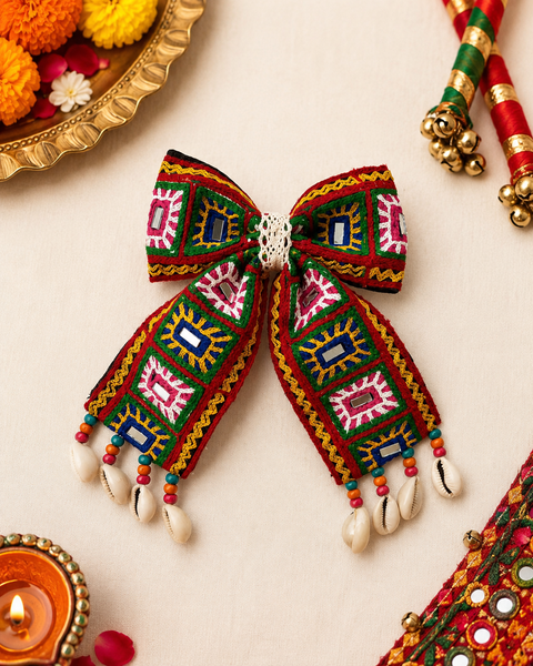 Navratri Mirror & Shell Bow Alligator Clip – Multicolor