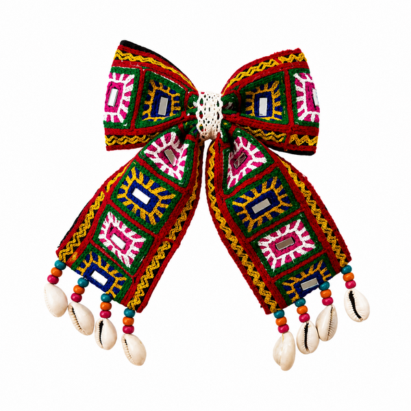 Navratri Mirror & Shell Bow Alligator Clip – Multicolor