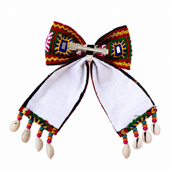 Navratri Mirror & Shell Bow Alligator Clip – Multicolor