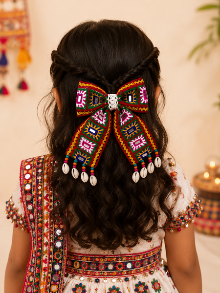 Navratri Mirror & Shell Bow Alligator Clip – Multicolor