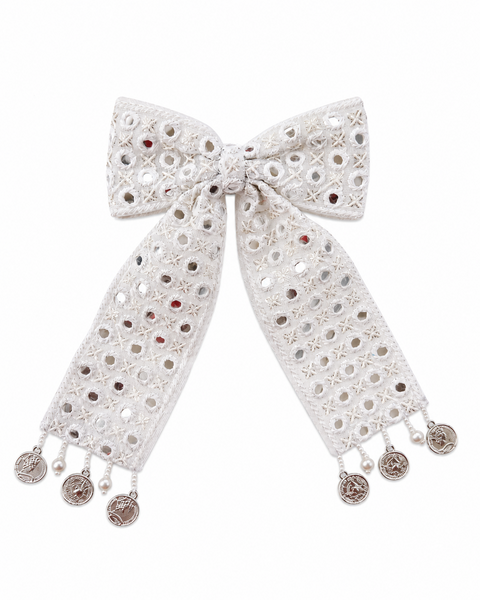 Mirrorwork Pearl Bow Alligator Clip- White