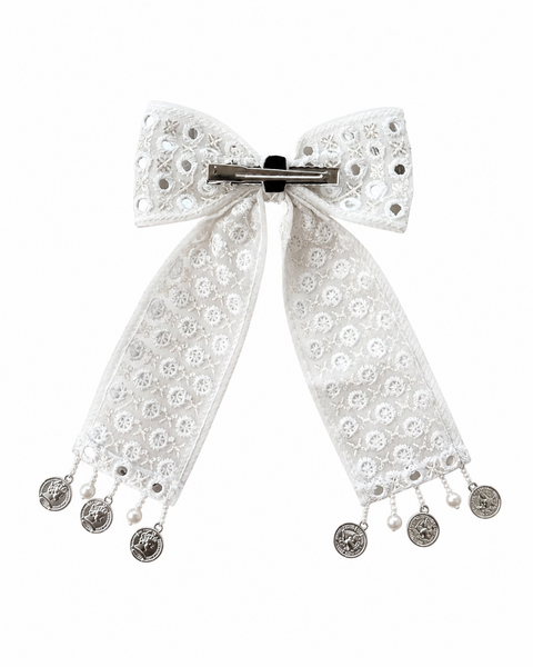 Mirrorwork Pearl Bow Alligator Clip- White