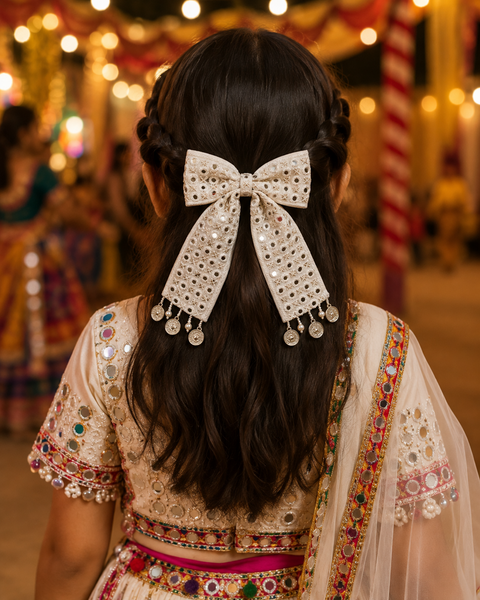 Mirrorwork Pearl Bow Alligator Clip- White