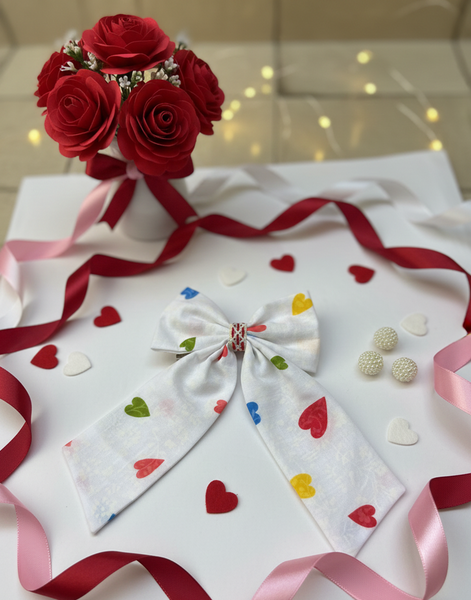 Multicolor Heart Bow Alligator Clip- White