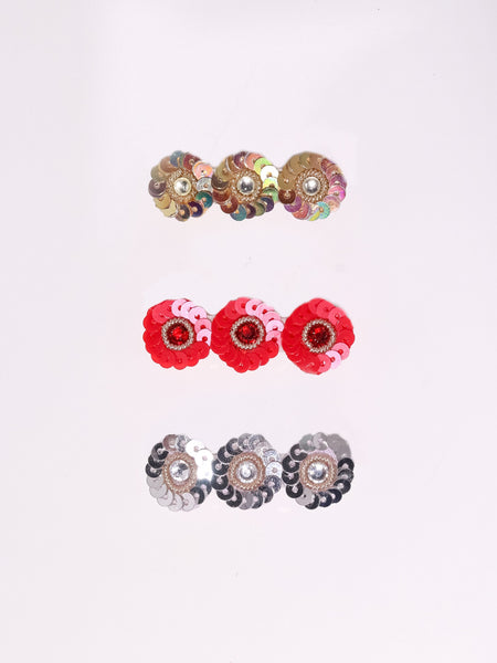 Sequined Ethnic Girls Alligator Hair Clip Set of 3- Silver, Red and Golden