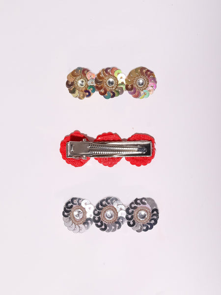 Sequined Ethnic Girls Alligator Hair Clip Set of 3- Silver, Red and Golden