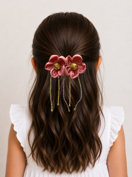 Girls Two Flower Golden Center Alligator Clip- Peach