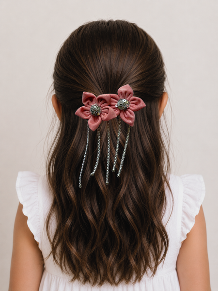Girls Two Flower Silver Center Alligator Clip- Peach