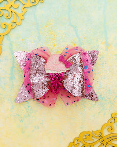 Girls Glitter Bow Alligator Hair Clip with Ice Cream Applique- Pink