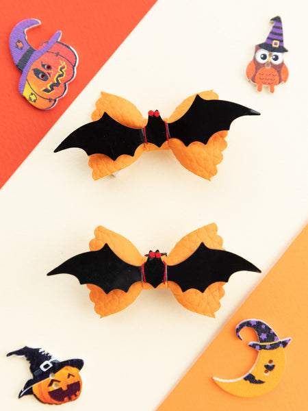 Halloween Theme Bow Applique Detailed Bat Alligator Hair Clips - Orange