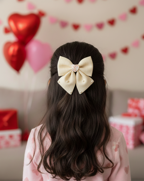 Heart and Pearl Embellished Bow Alligator Clip- Off White