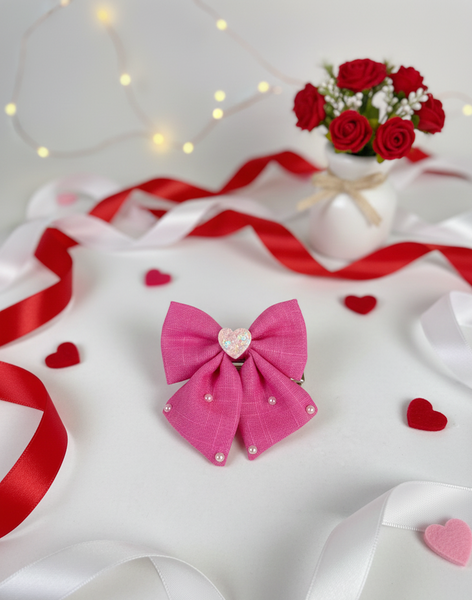 Heart and Pearl Embellished Bow Alligator Clip- Pink
