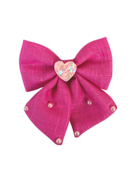 Heart and Pearl Embellished Bow Alligator Clip- Pink