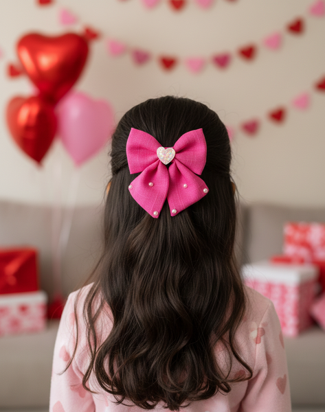 Heart and Pearl Embellished Bow Alligator Clip- Pink