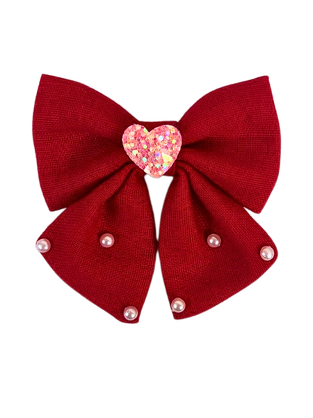 Heart and Pearl Embellished Bow Alligator Clip- Red