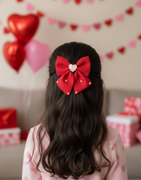 Heart and Pearl Embellished Bow Alligator Clip- Red