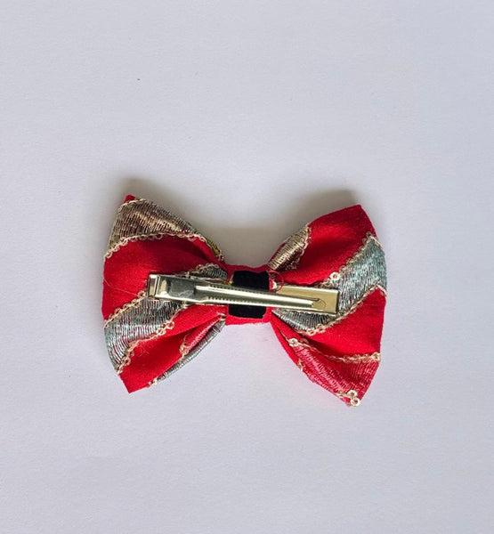 Durga Puja Sequin Bow Alligator Clip- Red