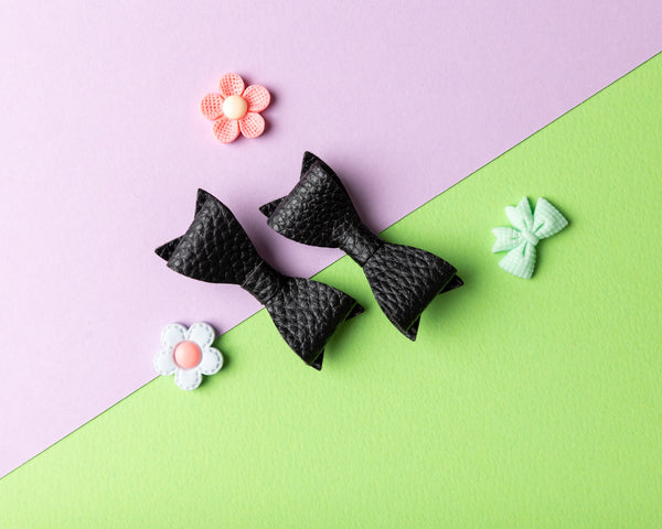 Petite Faux Leather Mini Bow Hair Clip- Black