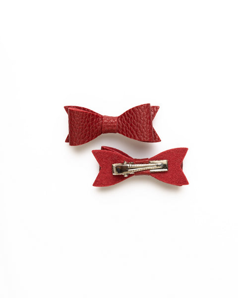 Petite Faux Leather Mini Bow Hair Clip- Cranberry Red