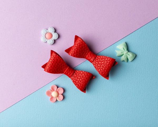 Petite Faux Leather Mini Bow Hair Clip- Red