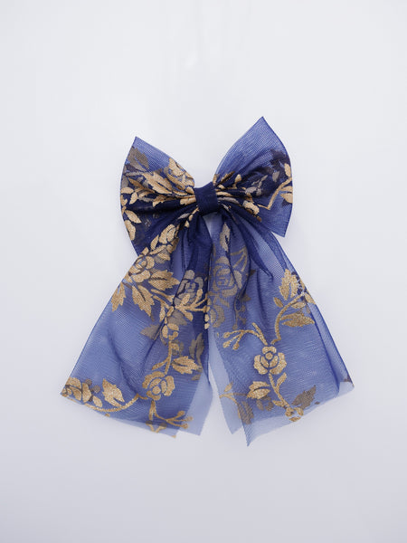 Dark Blue Gold Floral Pattern Sailor Hair Bow- Dark Blue