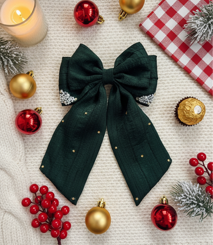 Christmas Pearl and Stone Embellished Sailor Bow Alligator Clip- Green