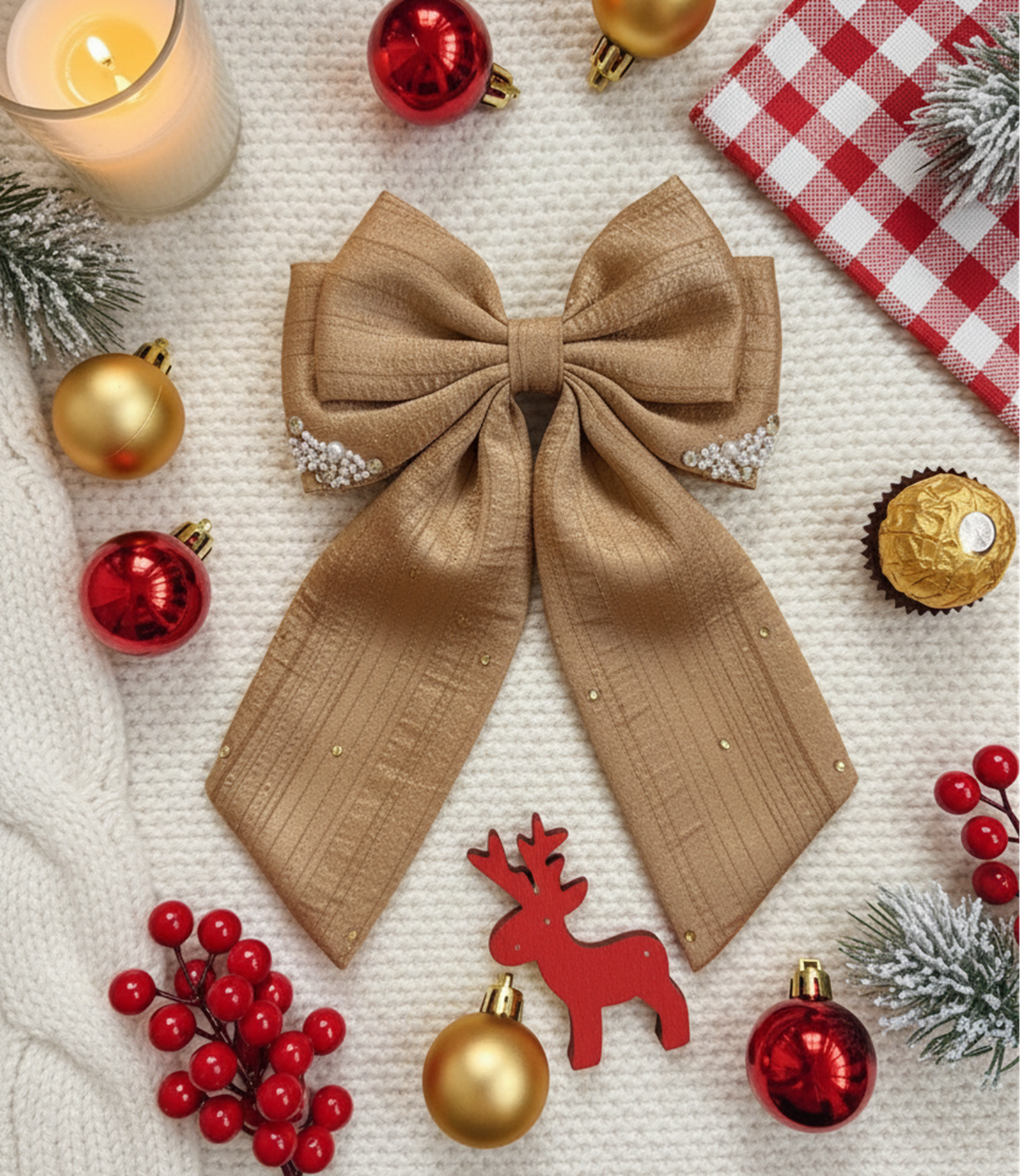 Christmas Pearl and Stone Embellished Sailor Bow Alligator Clip- Golden