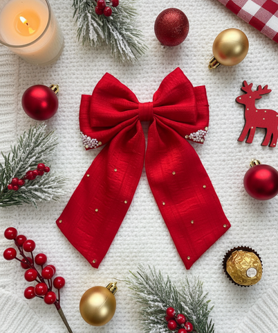 Christmas Pearl and Stone Embellished Sailor Bow Alligator Clip- Red