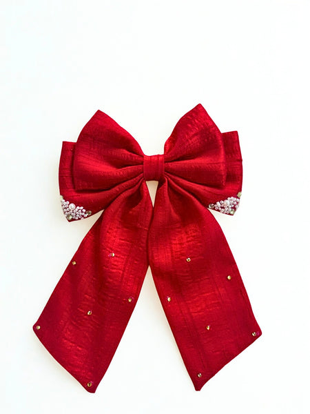 Christmas Pearl and Stone Embellished Sailor Bow Alligator Clip- Red