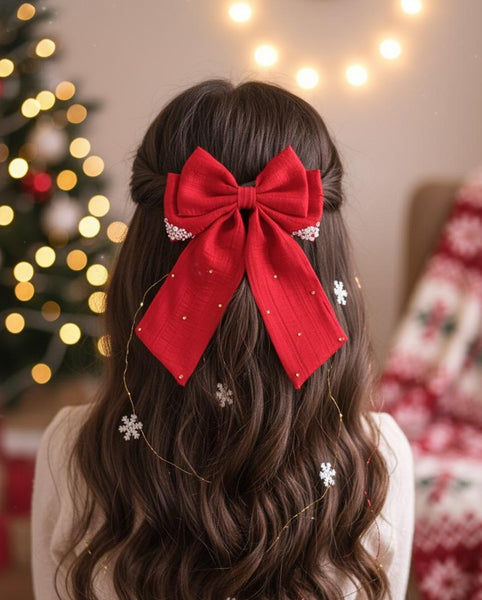 Christmas Pearl and Stone Embellished Sailor Bow Alligator Clip- Red