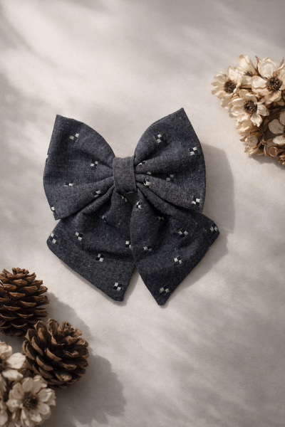 Indigo Denim School Bow Clip- Grey