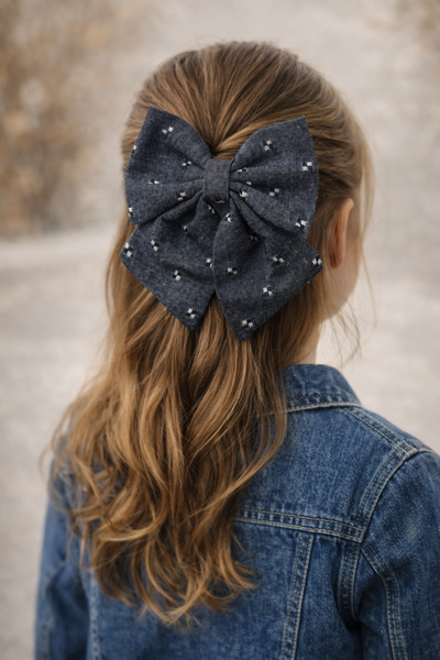 Indigo Denim School Bow Clip- Grey