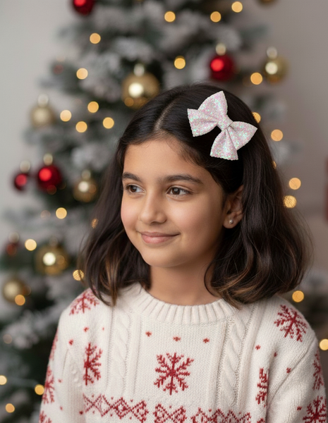 Christmas Party Sparkle Bow Alligator Clip- White