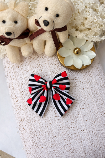 Stripe and Hearts Bow Alligator Clip- Red