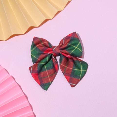 Kids Checked Sailor Bow Alligator Clip- Green & Red