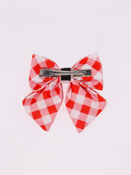 Kids Checked Sailor Bow Alligator Clip- Red & White